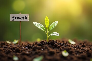 Green seedling sprouting from fertile soil with a small sign reading "growth", symbol of progress, development, and sustainable agriculture
