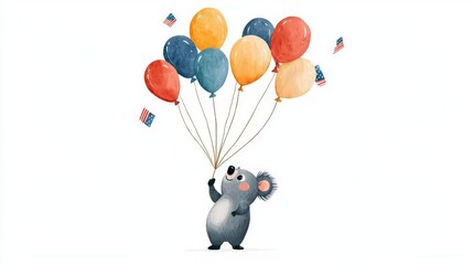 A cute koala holding colorful balloons, symbolizing joy and celebration in a whimsical, vibrant style.