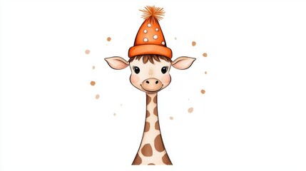 Cute cartoon giraffe wearing a party hat, perfect for celebrating joyful moments and children's events.