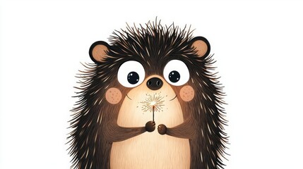 Cute and whimsical illustration of a hedgehog holding a dandelion puff, perfect for children's themes and nature.