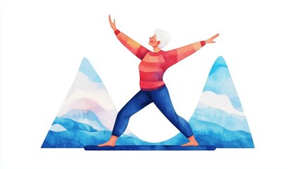An elderly woman practicing yoga outdoors, embodying serenity and harmony with nature.