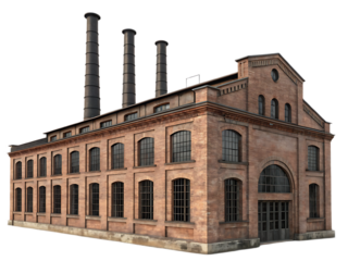 A brick factory building with multiple windows and three tall black chimneys on a black background