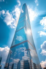 A stunning skyscraper reaching towards the sky, reflecting sunlight and surrounded by clouds.