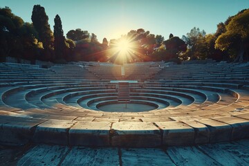 A stunning sunrise over an ancient amphitheater showcasing remarkable stone architecture and natural beauty.