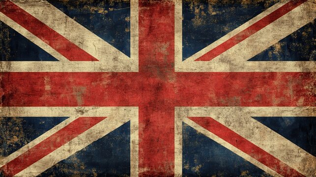 A distressed British Union Jack flag with a grunge textured background, featuring faded colors and a worn-out look, representing the enduring legacy of the United Kingdom