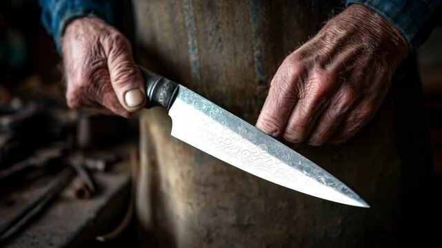 Elderly craftsman in apron holding intricately patterned chef's knife at workbench, camera gently pushing in with shallow depth of field