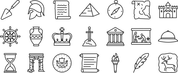 Ancient History Stroke Icon Collection. Includes Archaeology, Empire, Artifacts, and Civilization Symbols. Editable Outline Set.