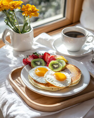Healthy Gourmet Breakfast Plate with Pancakes and Seasonal Fruit