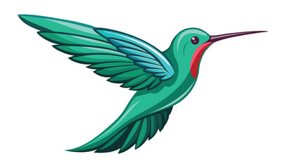 Obraz premium Colorful Cartoon Hummingbird in Flight with Green Feathers and Red Accents Against White Background