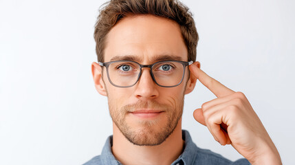 Man with glasses pointing to temple in thoughtful gesture