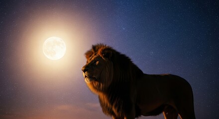 Naklejka premium Majestic Lion Under the Night Sky - A powerful lion stands silhouetted against a large moon and starry night sky. A beautiful and serene wildlife