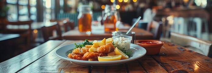 Fototapeta premium A vibrant plate of fried fish with sides of fresh lemon, coleslaw, and dipping sauces on a rustic wooden table.