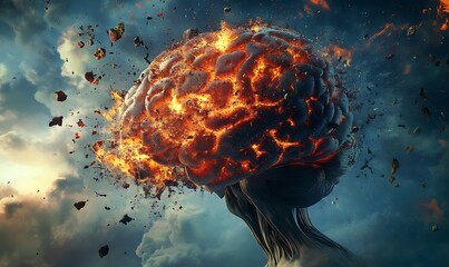 Glowing, illuminated human brain with vibrant neural connections, set against a dark, abstract background with light particles