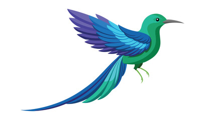 Obraz premium Emerald Hummingbird with Blue Wings and Tail Feathers in Flight, Isolated Illustration