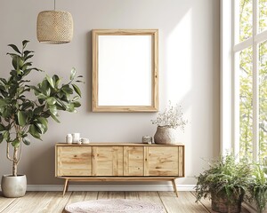 Minimalist Scandinavian Living Room with Wooden Console Table and Rattan Details in Soft Natural Light