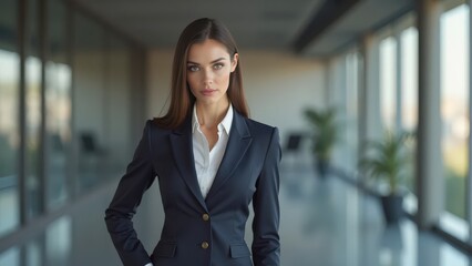 A confident, intelligent woman in a sharp business suit stands poised with elegance. Her gaze reflects ambition, power, and grace