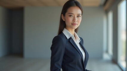 A confident, intelligent woman in a sharp business suit stands poised with elegance. Her gaze reflects ambition, power, and grace