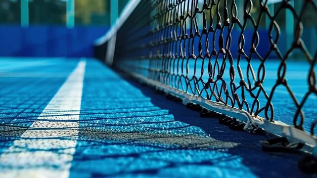 Close-up of a tennis net on a blue court with a white line, captured under natural light.Sports events, tennis promotions, or athletic lifestyle content.