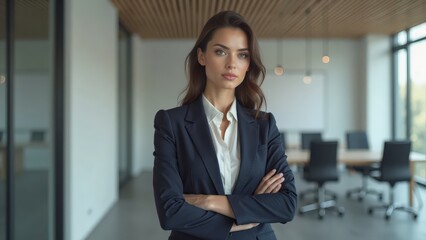 A confident, intelligent woman in a sharp business suit stands poised with elegance. Her gaze reflects ambition, power, and grace