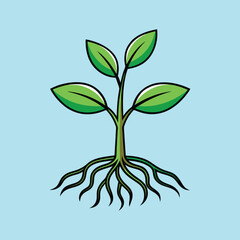 Illustration of a growing seedling with leaves and roots on blue background