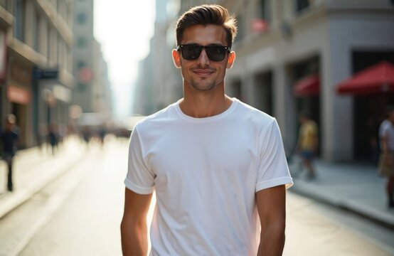 Handsome young man with sunglasses poses on city street. Smiling guy wears white t-shirt, casual style. Urban background with pedestrians and buildings creates modern lifestyle photo.