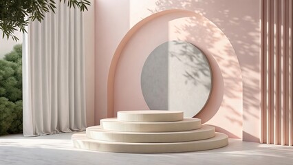 Obraz premium Beige tiered display platform pastel pink arched wall background