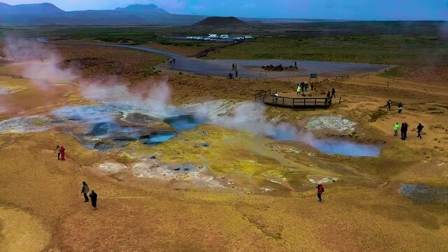 Aerial view of the volcanic Hverir Geothermal Area, located in the M&yacute;vatn region of northern Iceland.