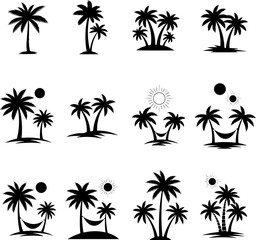 Collection of nine black silhouette palm trees, set against a white background.