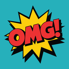 Bold comic book pop art style graphic illustration with the word omg and a starburst background