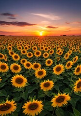Obraz premium Sunflowers at Sunset - A breathtaking view of a vast sunflower field at sunset. The vibrant colors of the sunset reflect on the sunflowers, creating a scene of natural beauty, serenity, and abundance.