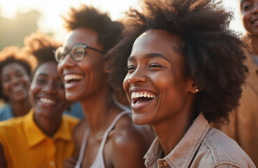 Group of smiling Black women enjoying time together outdoors. Happy diverse faces express positivity. Community celebrates identity friendship. Portraits of joy, optimism represent equality,