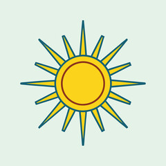Yellow sun with teal trim and light green background is shining brightly