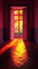 Open doors, sunlight streaming onto a wood floor