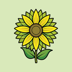 Fototapeta premium Cartoon Sunflower Illustration with Black Outlines and Green Pastel Background