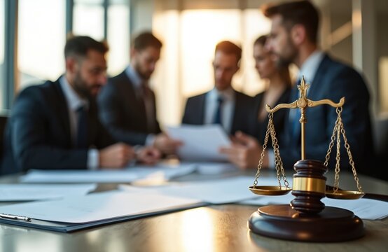 Lawyers discuss contracts, legal documents in modern office. Gavel, scales of justice symbolize legal process. Business people focus on work. Legal consultation, teamwork, case management, serious
