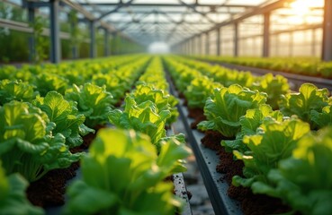 Green leafy vegetables grow inside modern greenhouse using hydroponics system. Fresh lettuce, salad plants cultivation. Sustainable agriculture, healthy food production at farm. Eco-friendly