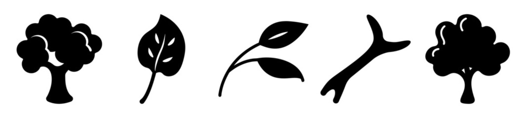 Black silhouette illustrations of nature elements including trees, leaves, and branches