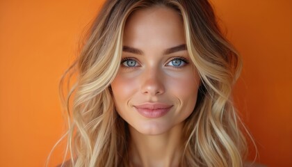 Naklejka premium Close-up portrait of beautiful woman. She has wavy blonde hair, blue eyes, orange background. Attractive stylish model demonstrates natural beauty, fashion style. Studio shot.