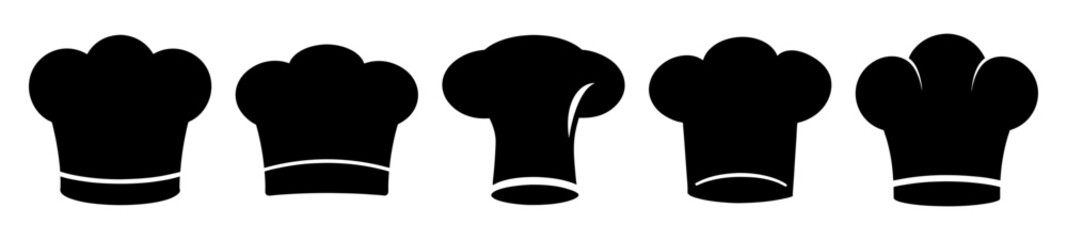 Black chef's hats in a row depicting various styles and silhouettes