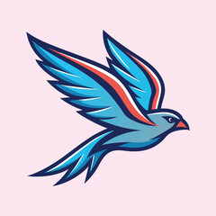 Stylized blue bird with orange accents soaring against a light pink background