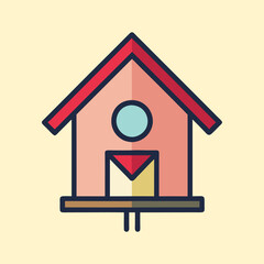 Illustration of a simple and colourful birdhouse with a landing perch