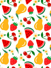 summer fruit and flowers seamless pattern bright watermelon strawberry pear and cherry design for textiles fashion web decor white background