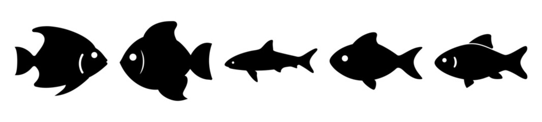 Five Distinct Fish Silhouettes Representing Aquatic Biodiversity in a Vector Graphic