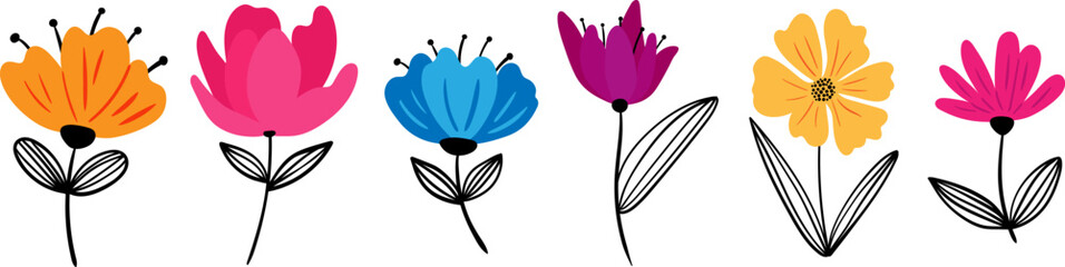 abstract flower clipart in modern minimal style colorful hand drawn floral elements black linear leaves bold spring summer bouquet set elements design print © pani_Nadichka