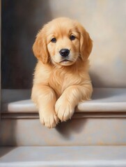 Playful golden retriever puppy resting on steps, showcasing its adorable features and soft fur. This charming dog exudes warmth and innocence, perfect for pet lovers