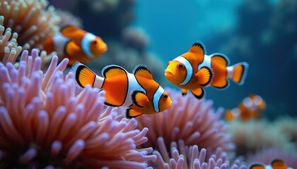 Underwater shot with clown anemone fish on coral reef. Orange, white clownfish swim near pink sea anemone. Tropical ocean marine life, aquatic creatures, diving, nature. Nemo fish.
