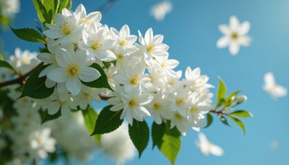 Obraz premium White jasmine flowers bloom against blue sky. Delicate petals with green leaves create serene spring composition. Natural beauty represents freshness, springtime, elegance, purity. Floral design