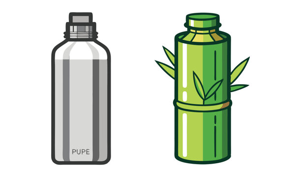 Pure Water Bottle and Bamboo Container Illustration on a White Background Design