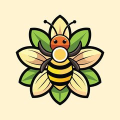 Stylized bee on top of a flower with light yellow petals