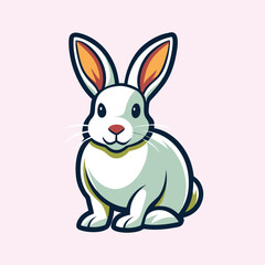 Cute cartoon white rabbit sitting with friendly expression on a pink background